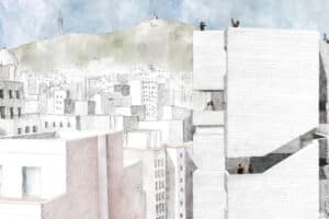 Immeubles blancs géométriques surplombent une ville esquissée. Quelques personnes se tiennent sur les balcons. En arrière-plan, une colline verte avec une structure au sommet sous un ciel bleu.