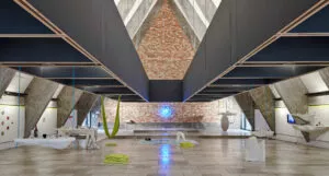 Étagère suspendue avec divers objets dans une grande salle au design moderne. Mur de briques en arrière-plan, sol carrelé, plafond sombre en triangle, et lumière néon bleue décorative.
